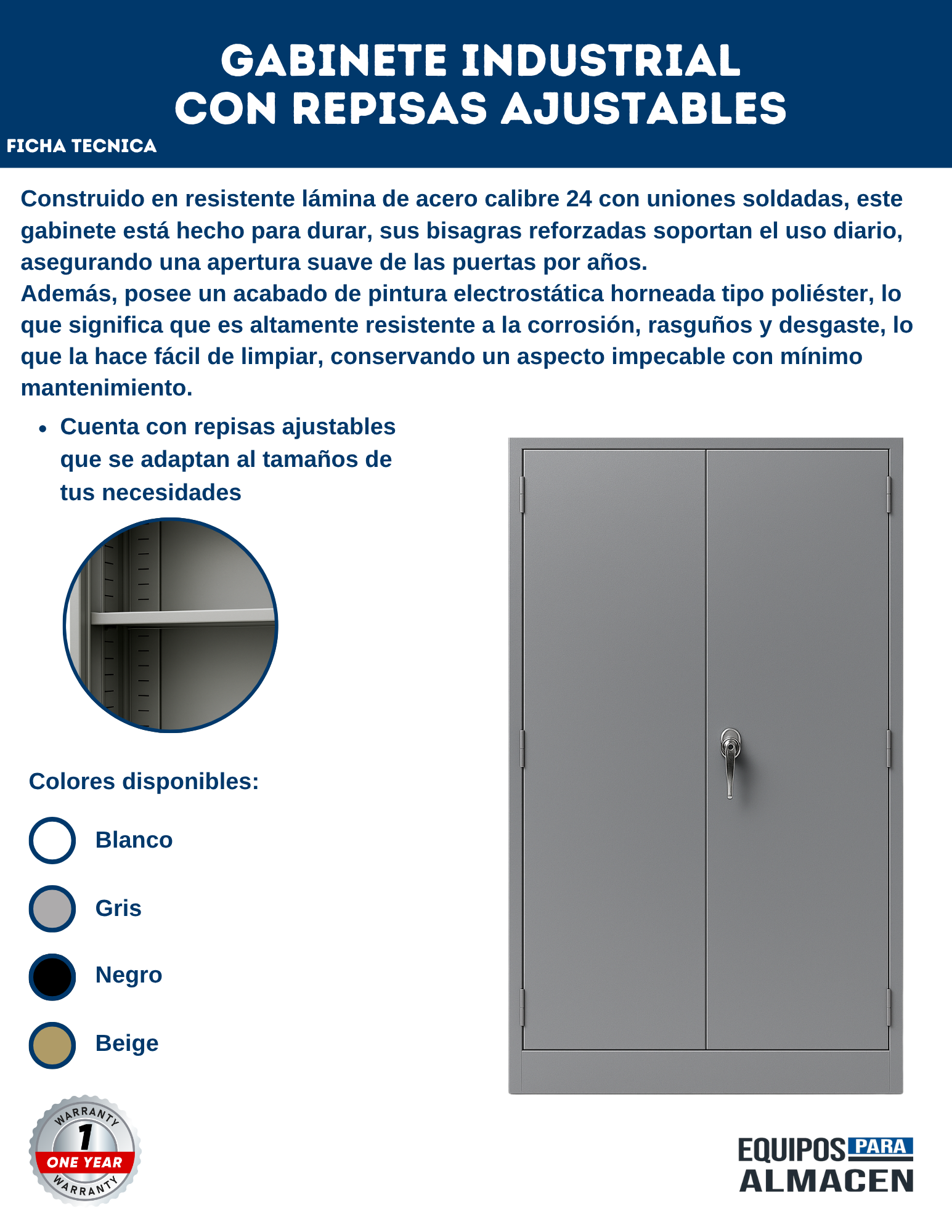 Gabinete industrial de almacenamiento con repisas ajustables